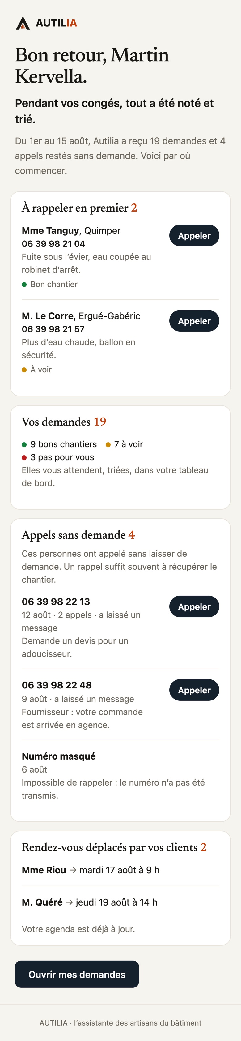 Sur le téléphone, l’e-mail « Votre reprise approche » : 19 demandes et 4 appels sans suite, 2 urgences à rappeler en priorité