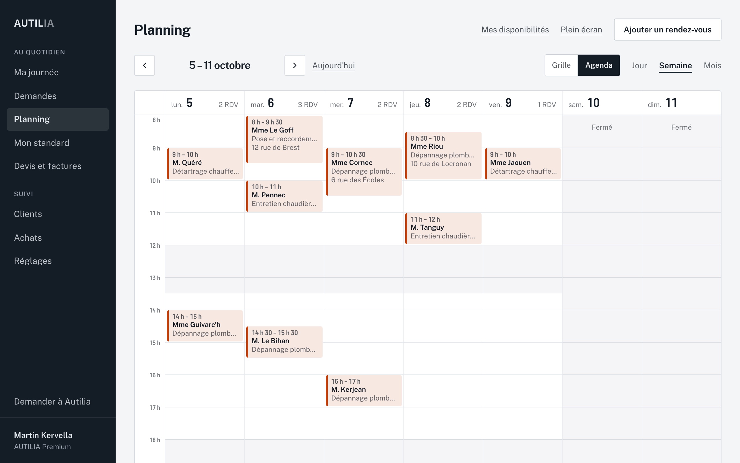 Le planning de la semaine dans Autilia, sur ordinateur : mardi 6, Mme Le Goff de 8 h à 9 h 30 puis M. Pennec de 10 h à 11 h