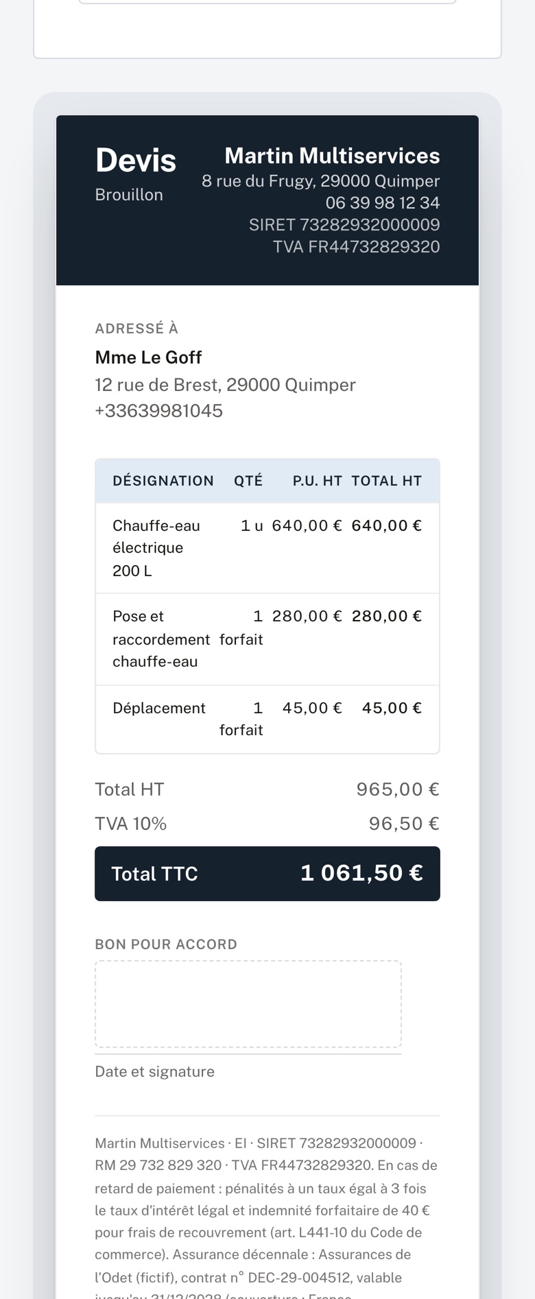 Le brouillon du devis de Mme Le Goff dans Autilia, sur téléphone : chauffe-eau électrique 200 L, pose et raccordement, déplacement, total 1 061,50 € TTC