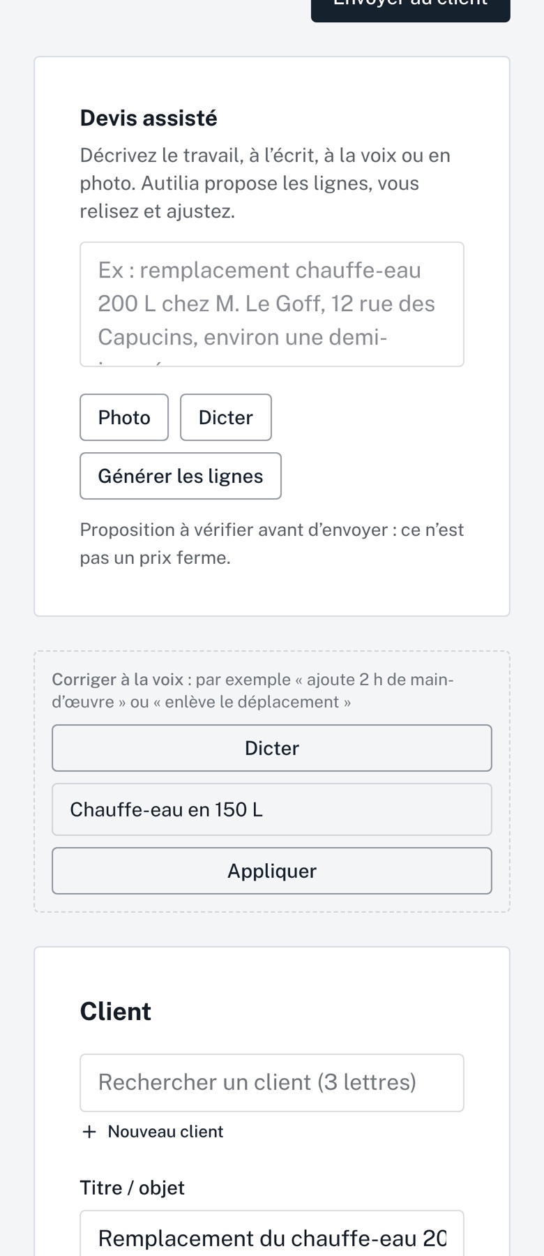 Corriger le devis à la voix dans Autilia, sur téléphone : « Chauffe-eau en 150 L », prêt à appliquer